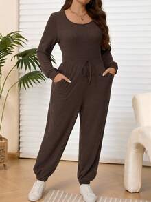EMERY ROSE Plus Size Women's Brown Round Neck Long Sleeve Warm Jumpsuit With Pockets,Autumn Casual Solid Color Everyday Smart Casual Outfits For Winter 2025 - Brown - View 7