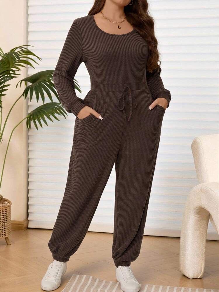 Plus Size Women's Winter /Fall Casual Solid Color Brown Round Neck Long Sleeve Warm Jumpsuit With Pockets, Autumn/Winter,Going Out Outfits,2025 New Clothes,Simple And Fashionable For Everyday Wear, Plus Size Winter Clothes,Christmas Outfit For Women ,New Year Clothes,Thanksgiving Outfit For Women