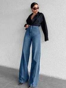 SHEIN Calça jeans de cintura alta e pernas largas, 100% algodão, tamanho TALL. - Lavagem Média - Ver 5