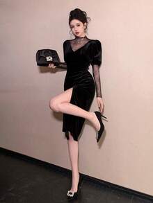 DAZY Đầm dài nhung phối ren 2 trong 1 dành cho nữ, xẻ tà, đầm dạ hội thanh lịch. - màu đen - Xem 2