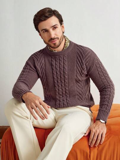 Manfinity Homme Men's Casual Cable Pattern Crew Neck Long Sleeve Sweater, Autumn/Winter