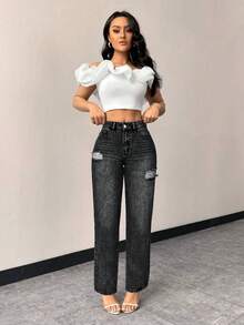 EMERY ROSE Women's High Waist Pocketed Casual Fitted Distressed Straight Leg Jeans - Black - View 3