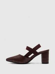 CUCCOO BIZCHIC 女士时尚咖啡色压纹舒适弹力带尖头粗跟高跟鞋，适合通勤、度假和日常穿着 - 咖啡棕 - 查看 9