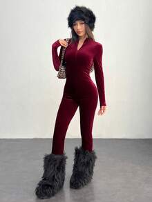 SHEIN EZwear Bộ đồ liền thân nhung đỏ tía có khóa kéo phía trước dành cho nữ, bộ đồ liền thân Giáng sinh, bộ đồ liền thân ngày lễ tình nhân - Màu Đỏ Sâu - Xem 5