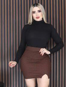 conjunto de dos piezas falda mas blusa basica de dama ideal para esta temporada conjunto basico para si armario conjunto de falda y blusa de cuello alto manga larga mateo18 - cafe - Ver 2