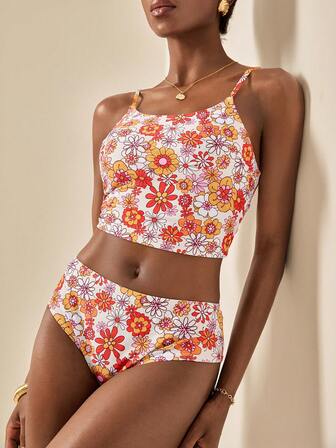 Écloséra 2件套女士夏季沙滩度假彩色碎花随机印花吊带泳衣套装