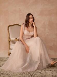 Enchnt Đầm Maxi Maxi Thanh Lịch Thiết Kế Nút Lưới Viền Trơn Màu Trơn Cho Nữ - Rượu sâm banh - Xem 6