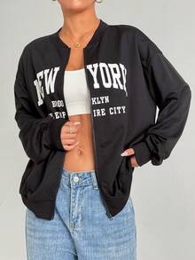 Dewbera Women's Baseball Collar Slogan Print Zip Front Long Sleeve Casual Versatile Sports Jacket Work Out Jacket Jacket Gym New York Outfits Zip Up Hoodie Women Bbl Gym Jacket - Black - View 5