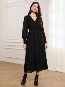 Medorina 秋冬季女士波点优雅连衣裙，适合秋冬季节穿着，长款连衣裙配有弹性袖口和泡泡袖，优雅雪纺波点印花连衣裙，优雅派对连衣裙，时尚外出连衣裙，黑色长袖连衣裙，波点中长连衣裙，黑色长袖中长连衣裙，女士秋季连衣裙，时尚女士连衣裙，法式长袖连衣裙，黑色连衣裙，夏季服装 - 黑色 - 查看 3