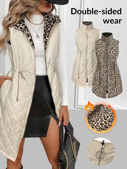 Ellevyn 女士时尚抽绳腰带双面穿无袖外套，冬季