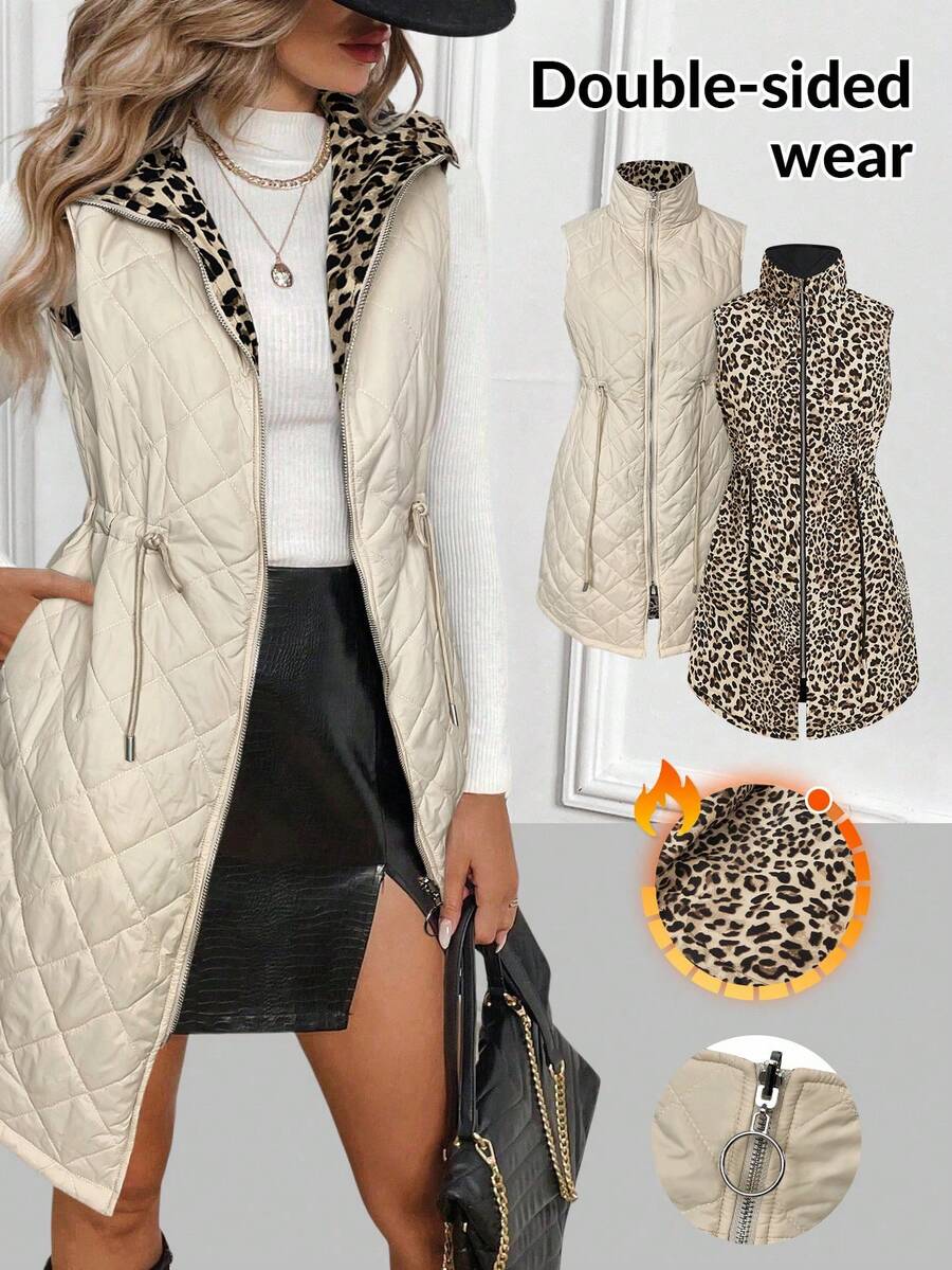 Ellevyn 女士时尚抽绳腰带双面穿无袖外套，冬季 - 杏色 - 查看 1