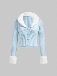 ROMWE Kawaii كارديجان نسائي مطرز بحرف مصنوع من قطع قماش ناعمة وجميلة بطراز عتيق من الألفية - أزرق فاتح اللون - مشاهدة 1