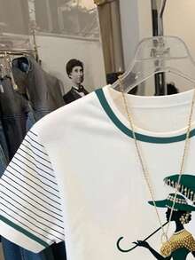 Resyla Women's Casual Striped Patchwork Figure Print T-Shirt, Summer - White - View 4