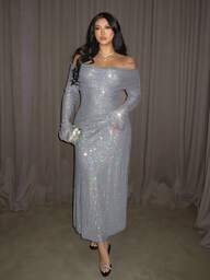 Firerie Plus Size Women's Pleated Off Shoulder Long Sleeve Sequin Elegant Dress Party New Year