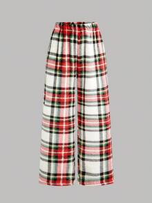 Tween Girl Red And White Plaid Pajama Set,Autumn Casual Lounge Long Sleeve Round Neck Fleece Top&Plaid Pants,Teen Fluffy Soft 2 Piece Sleep Wear Set - Red - View 6