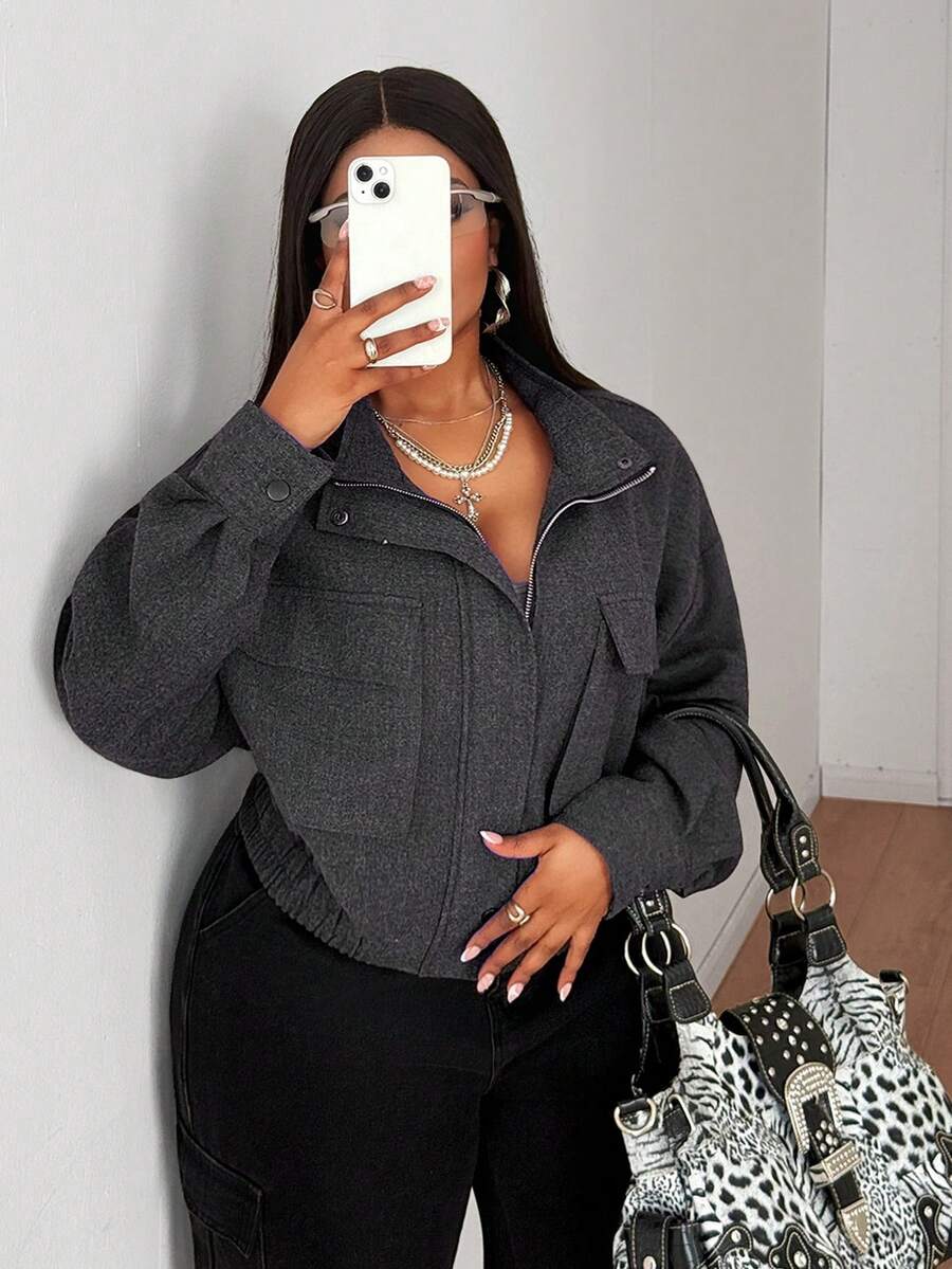 Maweii Plus Size Women's Casual Stand Collar Loose Retro Versatile Long Sleeve Zipper Pocket Jacket Coat, Suitable For Outings And Commuting - Dark Grey - View 1