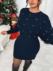 Elenzga Váy len dài tay đính hạt thanh lịch cỡ lớn cho nữ, phù hợp cho các buổi hẹn hò và buổi tối, mùa thu/đông - Xanh đậm - Xem 7