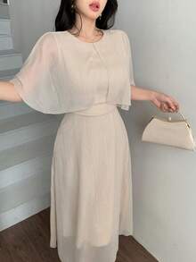 DAZY 女士优雅长裙，采用闪亮面料和肩披式设计 - 米色 - 查看 2