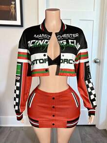 Slaydiva New Summer And Early Autumn Casual Street Motorcycle Style Daily Dating Retro Party Baseball Collar Drop Shoulder Long Sleeve Loose Cropped Jacket Top + Hip Mini Skirt Black And White Plaid Print Slogan Logo23 Digital Print Dark Green Sweater Suit Women's Two Pieces Suit-A, Christmas - Red - View 6