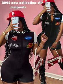 Slaydiva Women's Black Summer Grunge Everyday Plus Size Jumpsuit,Street Casual Rock Style Red & Black Contrast Motorcycle Graphic Zip Collar Short Sleeve - White - View 1
