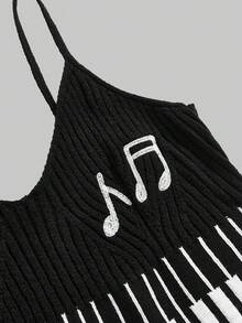ROMWE Kawaii Bộ áo len cardigan dệt kim họa tiết nốt nhạc và phím đàn piano Y2K cổ điển cỡ lớn - màu đen - Xem 3