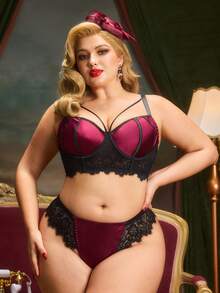 PinupPomp Plus Size Sexy Lingerie Set, Black Lace & Wine Red Satin Patchwork With Underwire, Retro Palace Style - Black - View 4