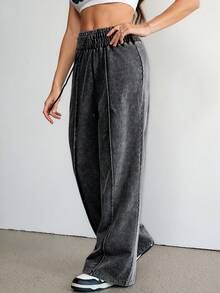 SHEIN Tall 女士高腰宽松喇叭运动裤，做旧黑灰色，秋冬款 - 灰色 - 查看 3