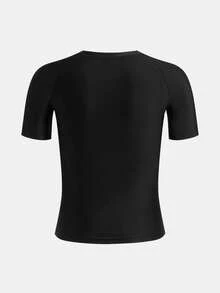 SHEIN 青少年男童百搭纯黑色修身运动服，撞色印花装饰，休闲运动风，舒适百搭，适合日常穿着、上学、户外活动、健身锻炼。 - 黑色 - 查看 3