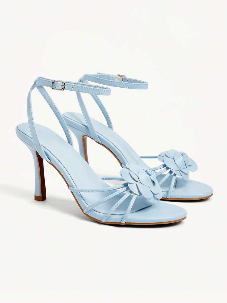 CUCCOO CHICEST Sandalias de tacón alto de punta redonda con tiras y envolventes de tobillo con estampado floral elegante para mujer, de piel sintética de color azul claro, zapatos de tacón románticos y de moda para primavera/verano, vacaciones, citas, té de la tarde, Día de San Valentín
