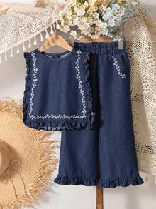 Vintaside Kids 少女乡村风牛仔两件套：蓝色水洗荷叶边无袖上衣和刺绣阔腿裤