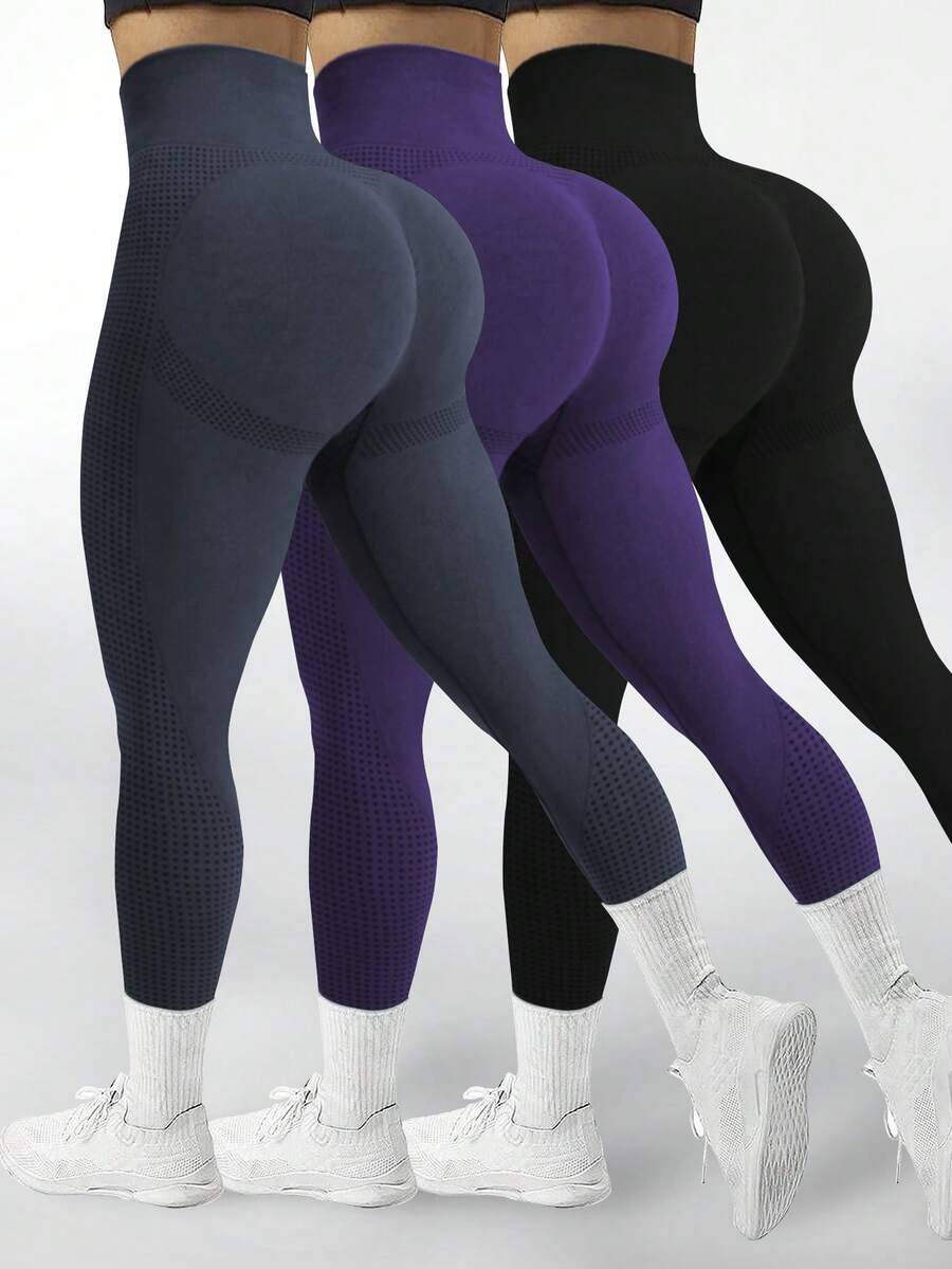 Velisys 3pcs Women's Seamless High Stretch Knit Leggings, Black, Navy Blue, Purple - Multicolor - View 1