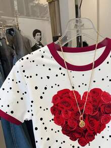 Resyla 女士休闲玫瑰花心形印花撞色滚边短袖T恤，夏季 - 白色 - 查看 3