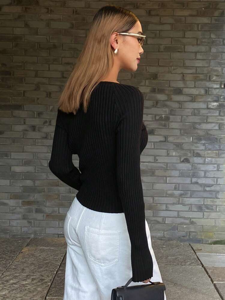 Women's Solid Color Princess Collar Fitted Long Sleeve Elegant Sweater, Suitable For Spring And Autumn
