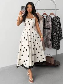 少女休闲优雅黑白波点印花甜心领蝴蝶结腰部褶皱连衣裙，法式时尚长裙，白色连衣裙，适合情人节、春季外出、波西米亚风连衣裙 - 白色 - 查看 5