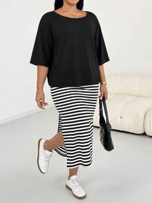 Shapeblank Plus Size Striped Print Fitted Sleeveless Dress And Asymmetric Collar Loose Black Top 2 Pieces Set - Black and White - View 8