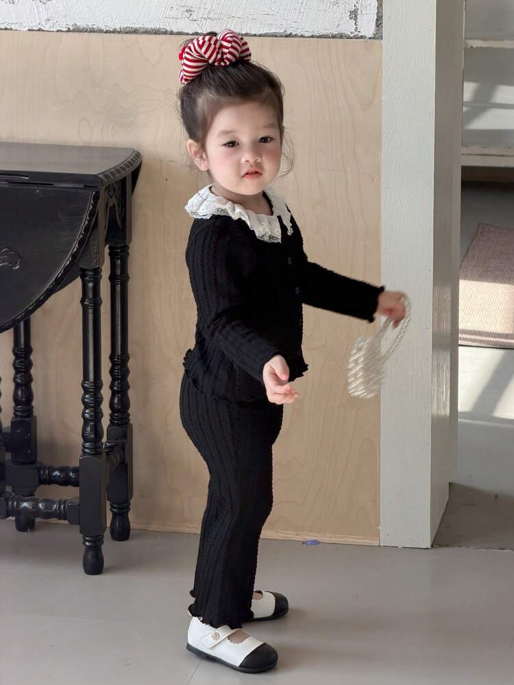 Toddler Girls' Lace Patchwork Korean Style Casual Textured Long Sleeve Top And Pants Set