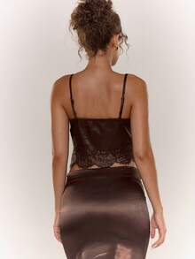 MUSERA Satin Lace Trim Adjustable Strap Crop Top Autumn Flowy Fall Winter  Going Out Casual Cute Sexy Night Out Party Cool Valentines Spring