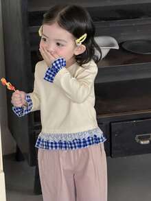 DAZY Baby Girls' Round Neck Tie-Up Plaid Patchwork Ruffle Trim Long Sleeve Top Spring - Apricot - View 4