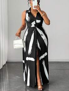 Maweii 大码女式休闲条纹针织扭结设计连衣裙 - 黑與白 - 查看 2