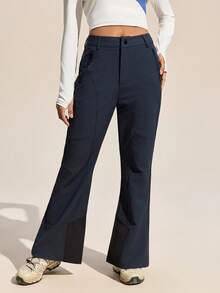 Exploreva Navy Blue Flared Hiking Pants For Women With Zipper Details Long Woven Fabric - Navy Blue - View 6