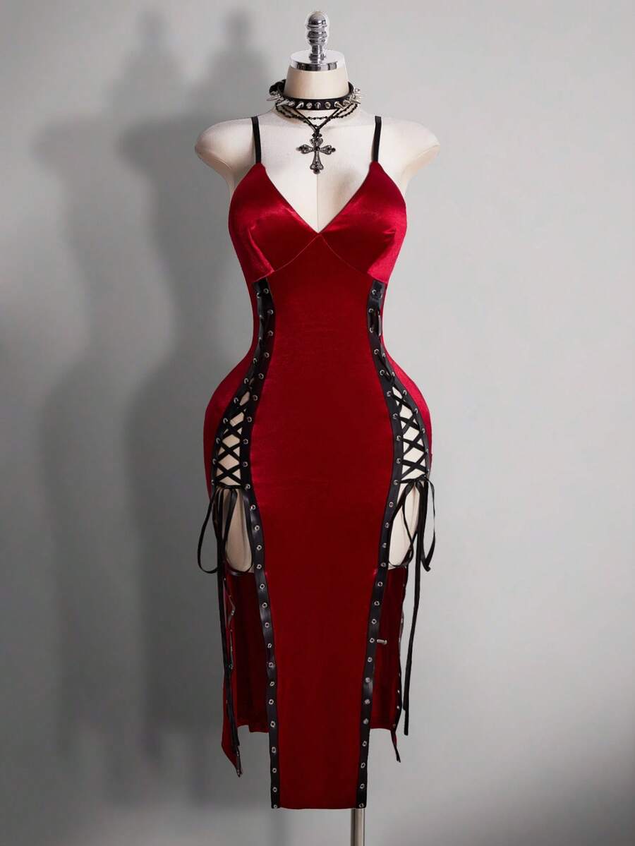SHEIN ICON Váy satin chéo vai cổ chữ V xẻ cao phong cách Gothic gợi cảm Y2K cỡ lớn - Màu Đỏ Sâu - Xem 1