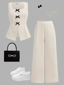 SHEIN 少女蝴蝶结装饰开衩下摆背心和阔腿裤休闲套装