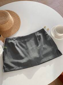 Comfortcana Women's Solid Color Slit Simple Fitted Skirt, Casual Daily Wear - Grey - View 3