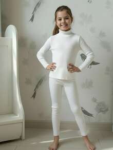 SHEIN 2pcs Tween Girls Solid Color Knit Polo Neck Casual T-Shirt And Leggings Set 2pcs/Set Young Girls Casual White Ribbed Knit T-Shirt And Leggings Set, For Indoor And Outdoor Wear, Autumn/Winter 2pcs Young Girl Solid Color Knit Stand Collar Casual T-Shirt And Pants Set Adorable White Ribbed Knit Turtleneck And Leggings Set For Young Girls /Tween Girl  Soft Comfortable Two Piece Outfit Pajamas, Nightgowns, Daily Use White Outfit For  Tween Girls - White - View 4