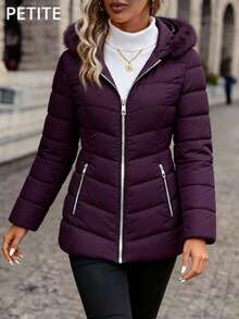 Mujer invierno otoño abrigo petite cómodo grueso a la cadera chamarra con capucha y detalle de peluche tallas pequeñas - Burdeos - Ver 1