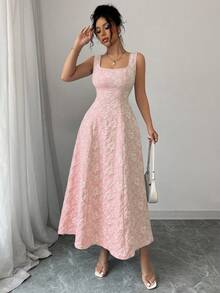 Vestido elegante vintage de cuello cuadrado con estampado jacquard para mujer,Diseño sin mangas,Vestido con relieve floral,Vestido elegante para mujer - Rosa - Ver 6