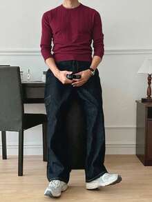 Manfinity Homme 男士休闲纯色绞花针织圆领毛衣，秋冬季长袖上衣 - 酒紅色 - 查看 4
