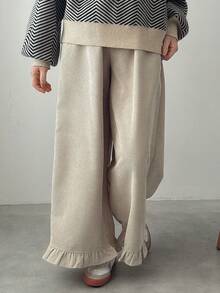 FRIFUL Women's Corduroy Elastic Waist Wide Leg Pants With Ruffle Hem - Beige - View 3