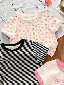 SHEIN LMoss Kids 3pcs Young Girl Casual Round Neck Short Sleeve T-Shirts,Featuring Bohemian Floral,Stripes,3D Bow Designs,White,Summer,School,Back-To-School,Versatile - Multicolor - View 4