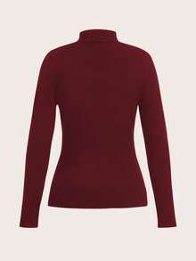 SHEIN LUNE 女士休闲高领长袖紧身打底T恤，适合秋冬季穿着 - 酒紅色 - 查看 6